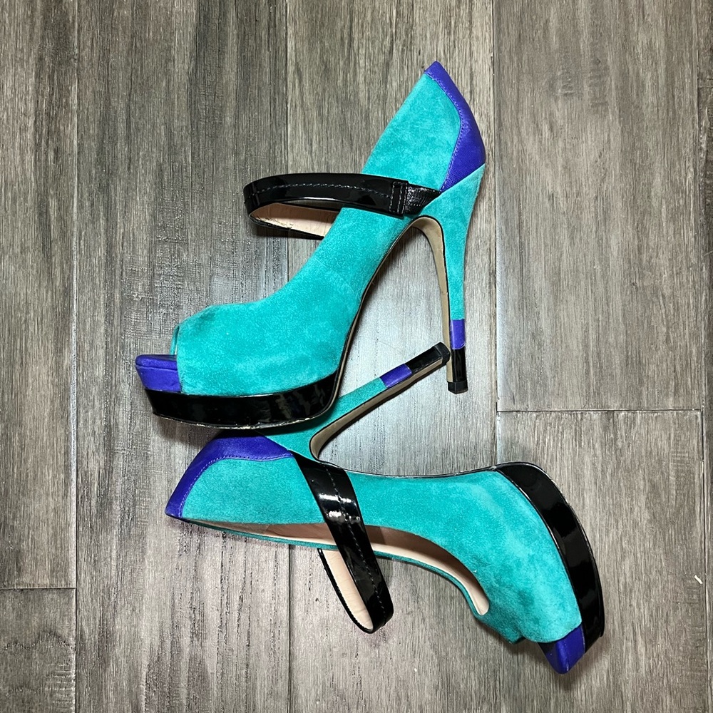 SOLD Jessica Simpson Ely Jungle Green/Purple Kidsuede Mary Jane Platform Heels